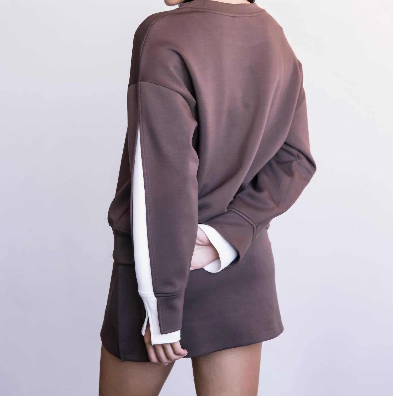 P.CILL Layered Long Sleeve Round Neck Top in cocoa - women's sweater - detail view