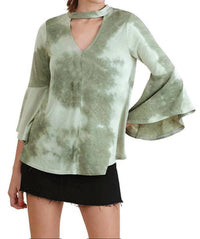 umgee Tie Dye Bell Sleeve Top in sage - women's blouse