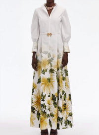 Oscar de la Renta Long Sleeve Chrysanthemum Fade Poplin Caft Dress in yellow white - women's dress
