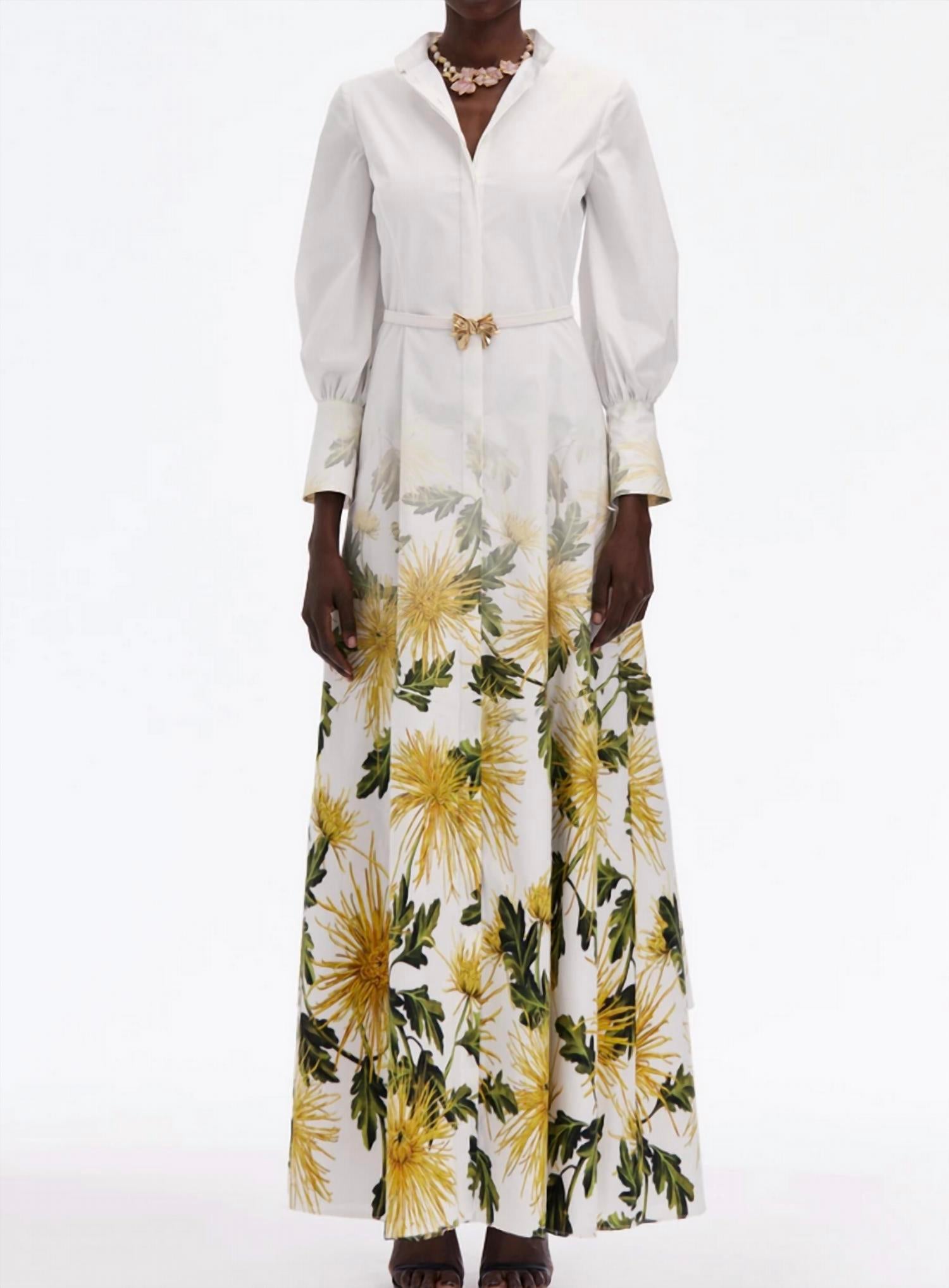 Oscar de la Renta Long Sleeve Chrysanthemum Fade Poplin Caft Dress in yellow white - women's dress