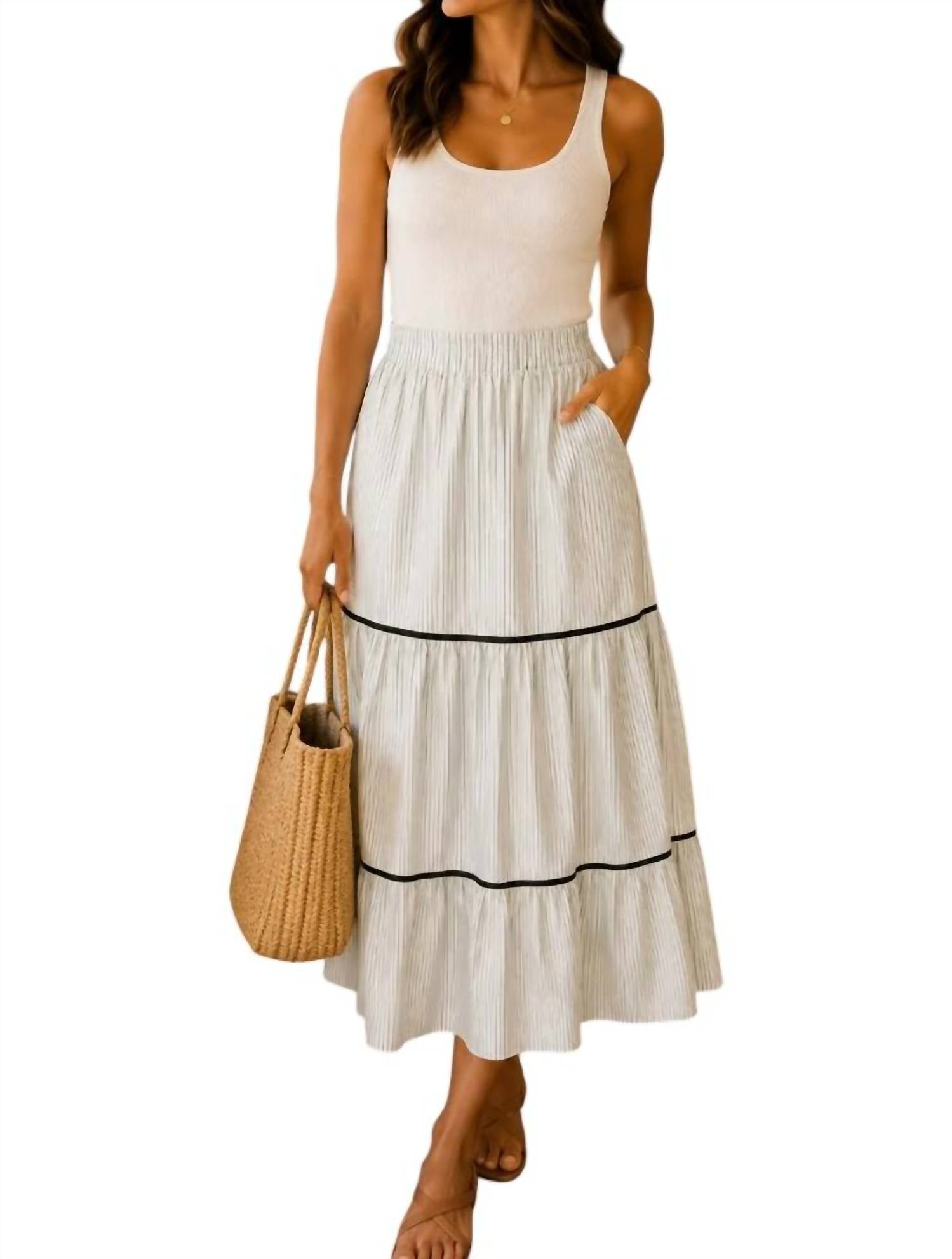 She + Sky - Woven Striped Tiered Long Skirt