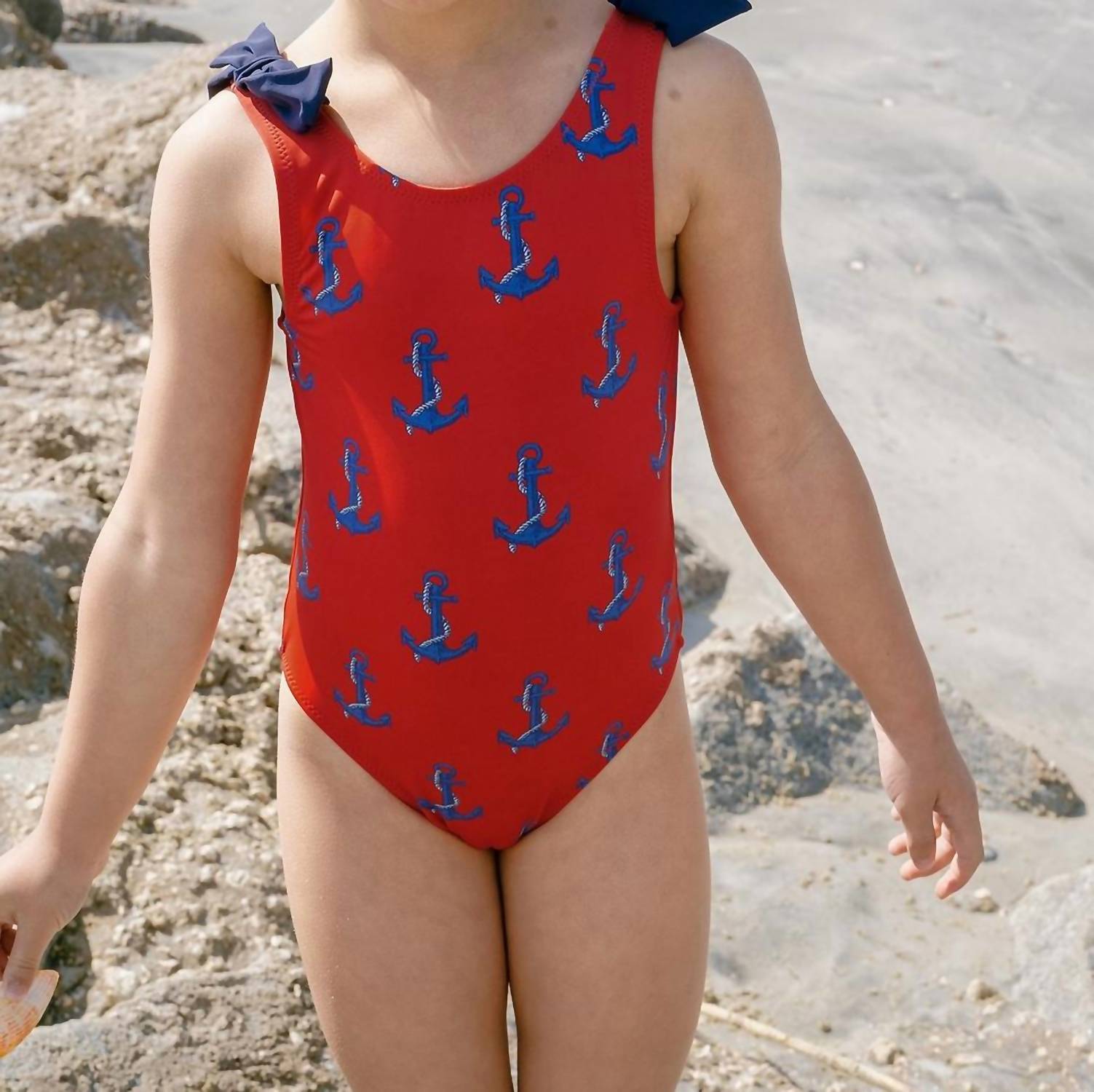 PINK CHICKEN Girls Shelly Suit in red nautical anchors - kids' bikini