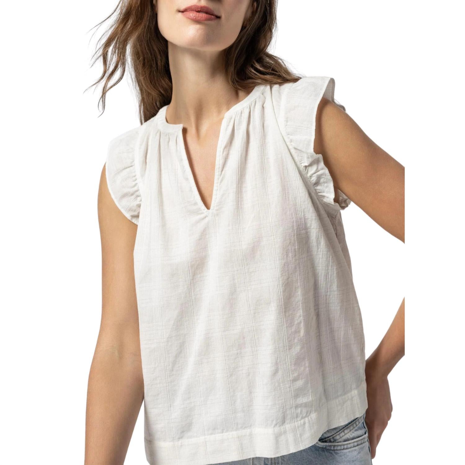 Lilla P Women's Flutter Sleeve Split Neck Top in white - women's blouse