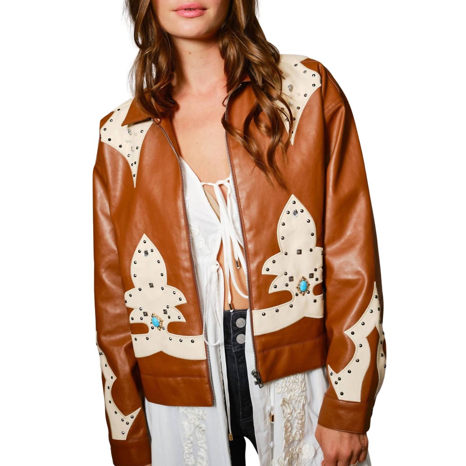 Blue B - Faux Leather Studded Oversized Zip-up Jacket