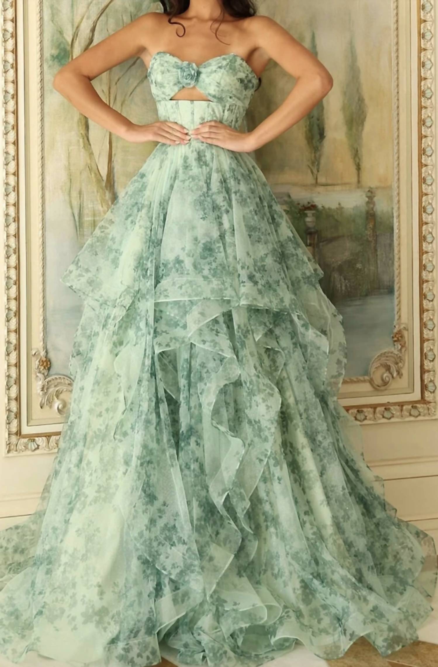 Jovani - Tiered Floral Gown With Sweetheart Cutout