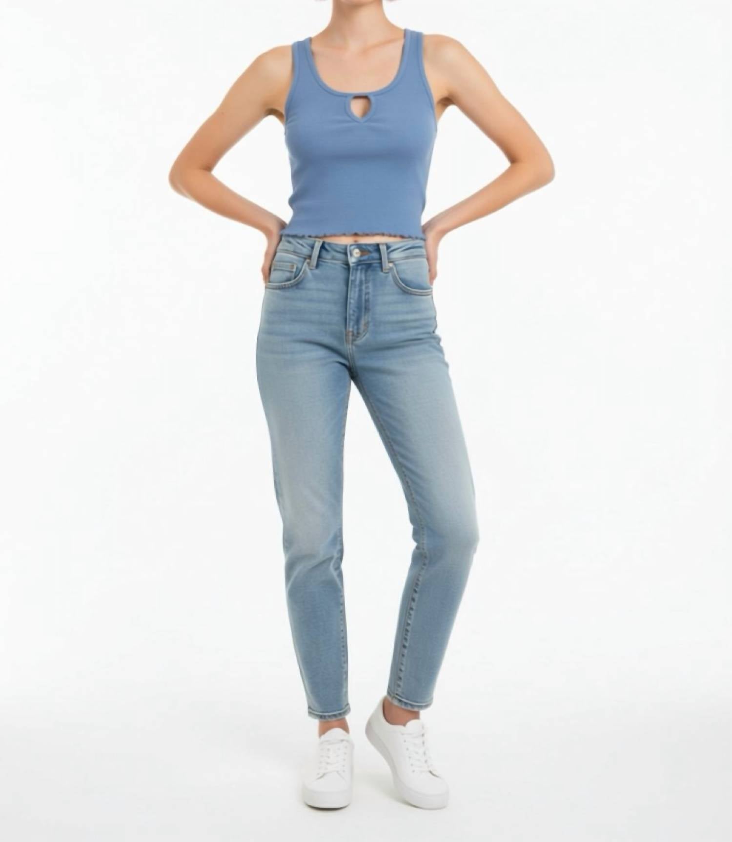 NIA Soft Touch Ribbed Cropped Tank Top in slate blue - women's tank top - detail view