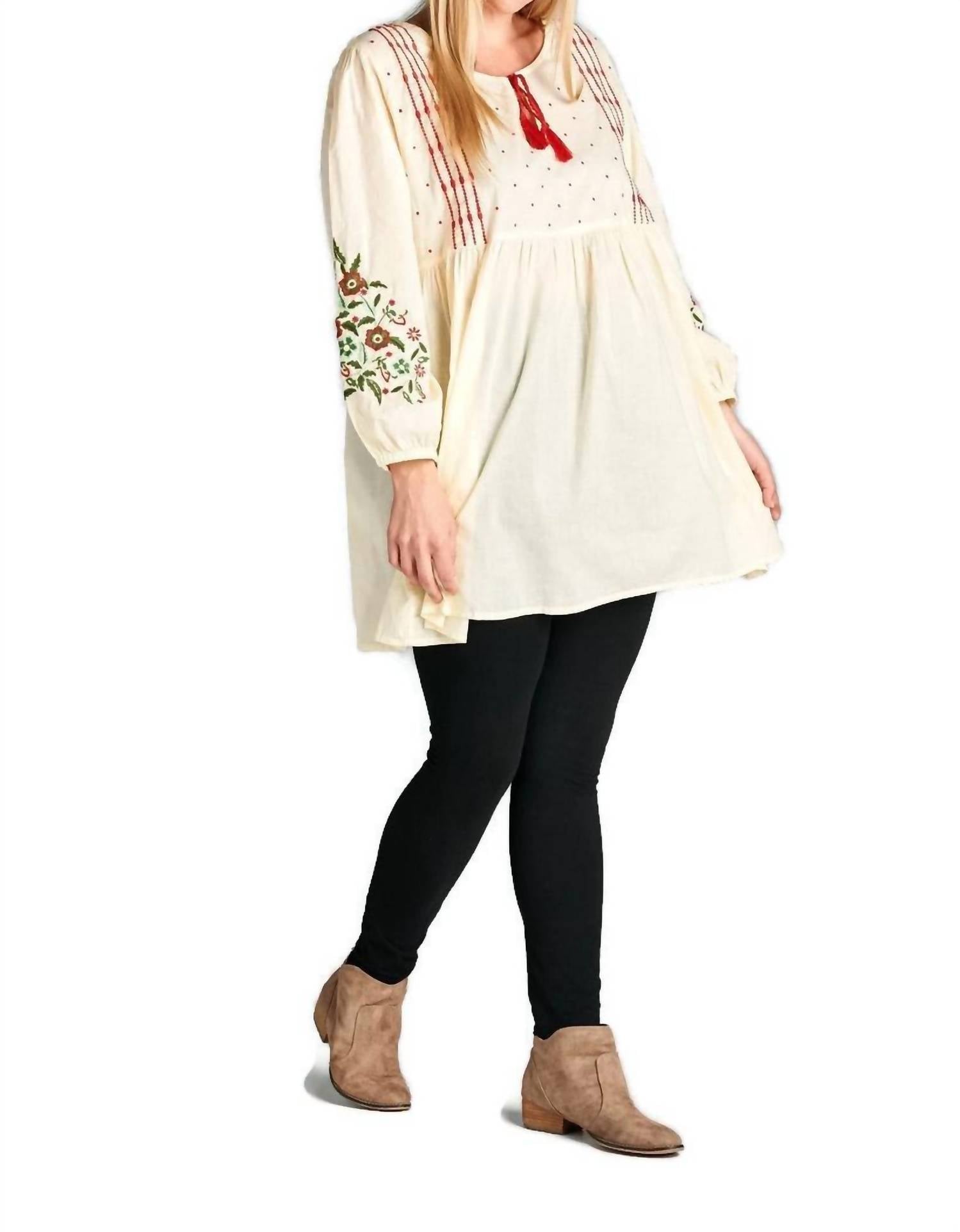 Velzera - Floral Embroidered Peasant Mini Dress