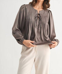Fun 2 Fun Pin Tuck Front Tie Blouse in dark taupe - women's blouse - detail view