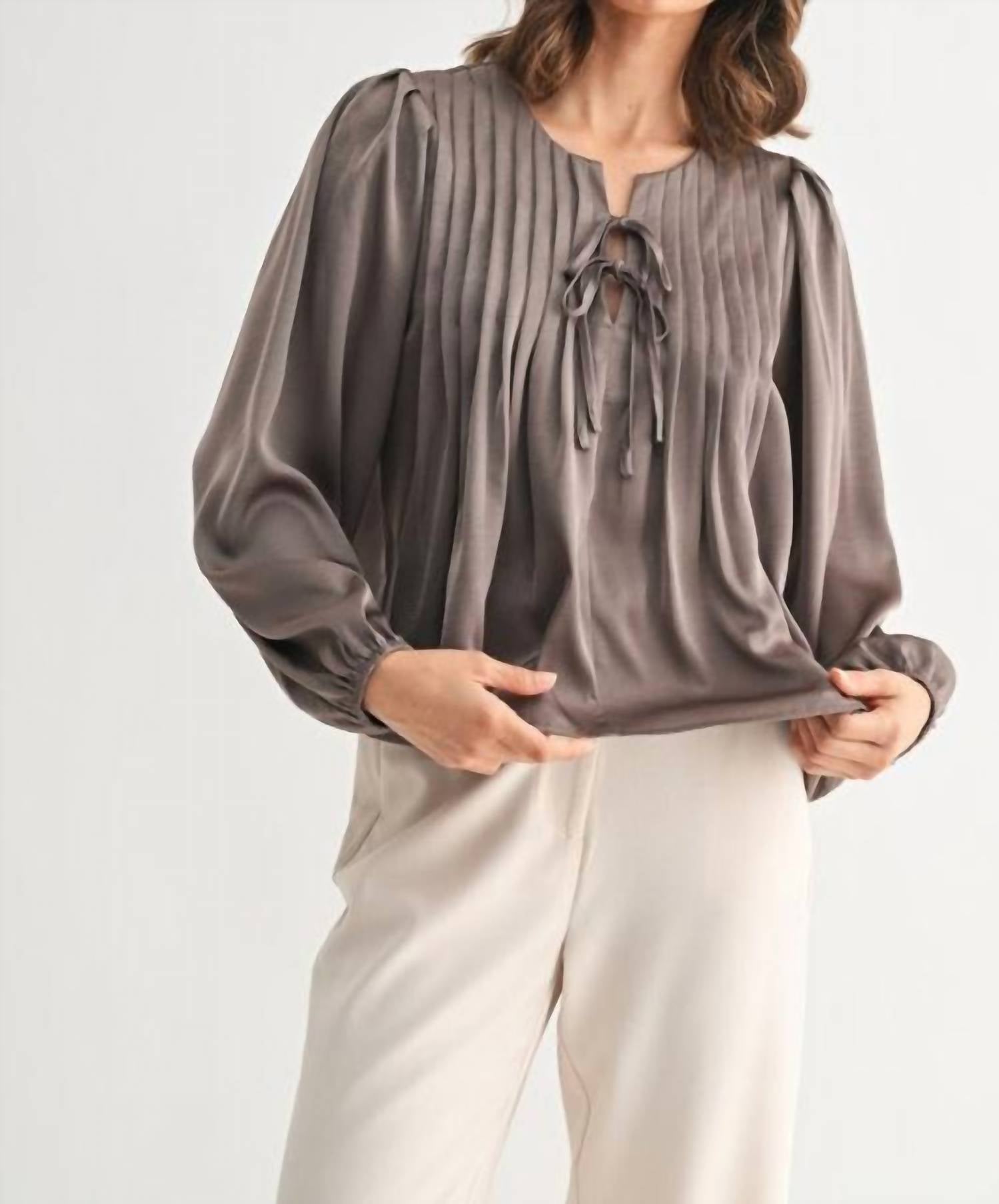 Fun 2 Fun Pin Tuck Front Tie Blouse in dark taupe - women's blouse - detail view
