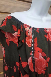 Honey Belle - Women's Roses On Black Ruffle Off Shoulder Blouse