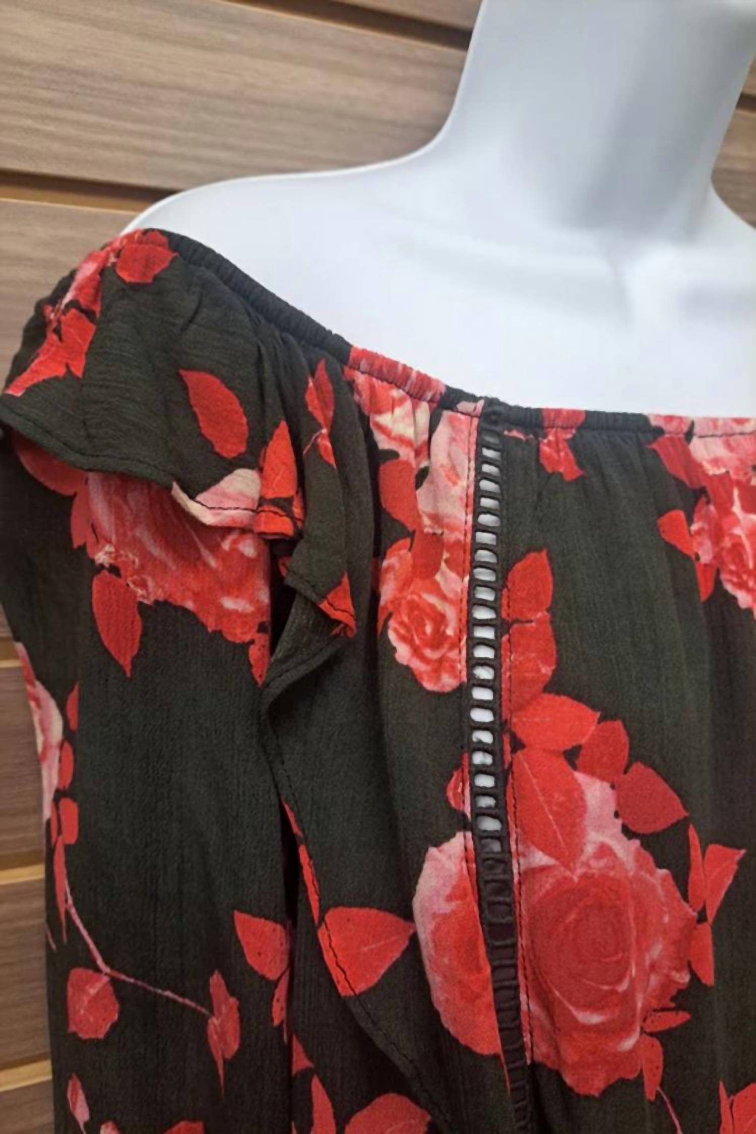 Honey Belle - Women's Roses On Black Ruffle Off Shoulder Blouse