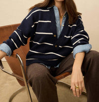 Faherty Jackson V Neck Popover Sweater in norman navy stripe - women's long sleeve top - detail view