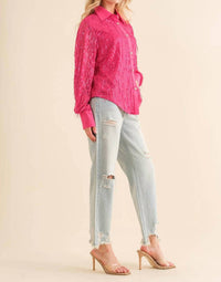 Blue B - Sequin Stripe Fringe Button Up Shirt Blouse