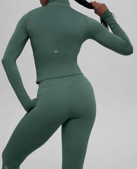 ALO YOGA Softsculpt Precision 1/4 Zip Long Sleeve Top in clover green - women's long sleeve top - detail view