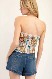 Ee:Some - Strapless Floral Tapestry Crop Top