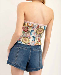 Ee:Some - Strapless Floral Tapestry Crop Top