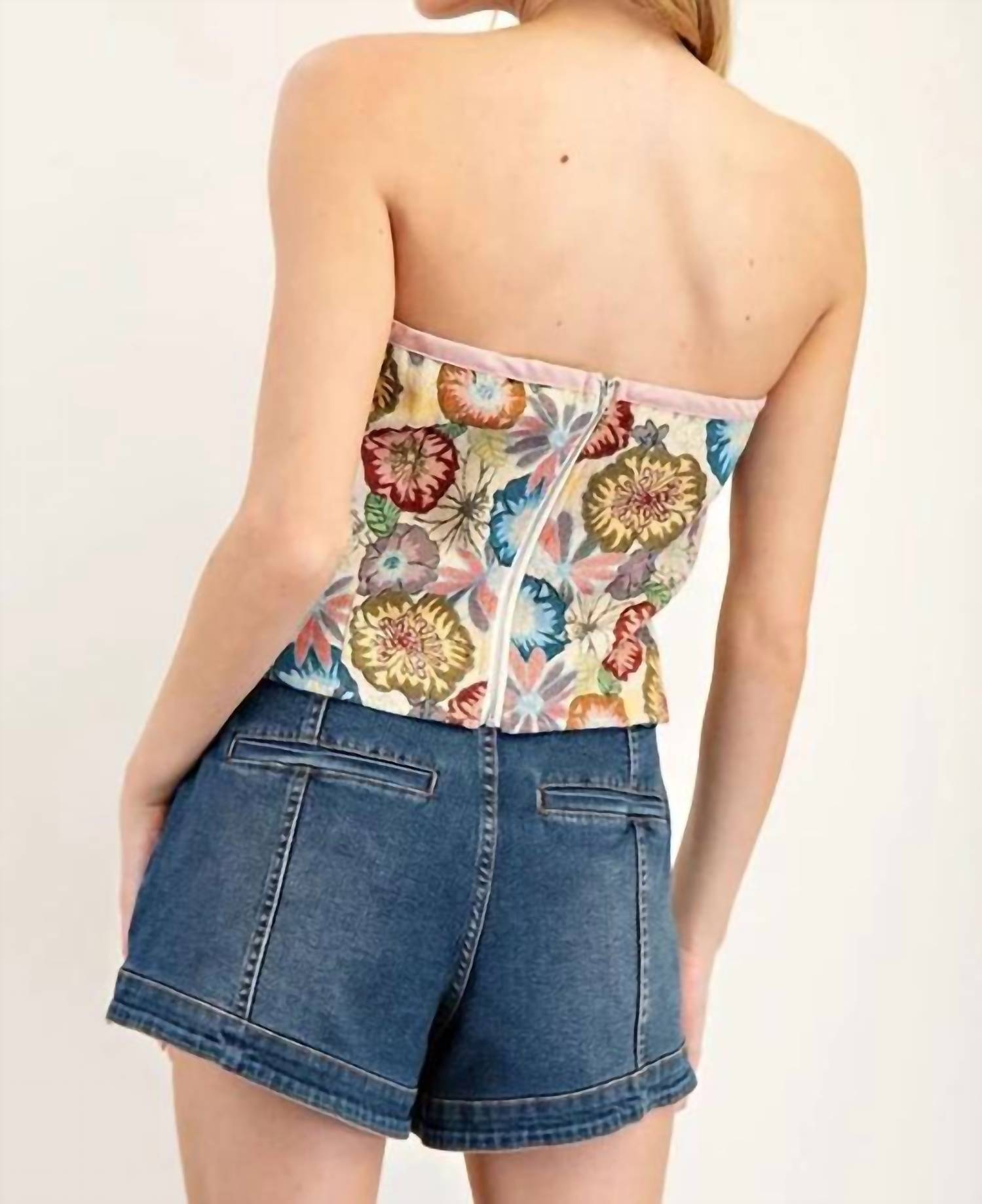 Ee:Some - Strapless Floral Tapestry Crop Top