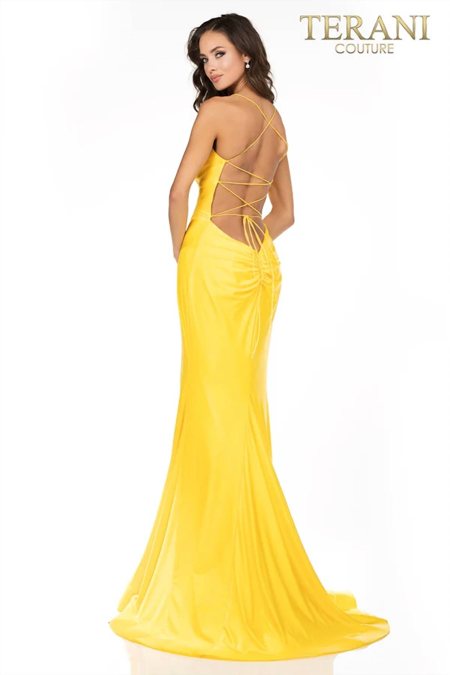 Terani Couture - Deep V Neck Formal Long Gown