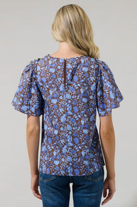 SUGARLIPS Princeton Floral Puff Sleeve Top in brown blue - women's blouse - alternate view