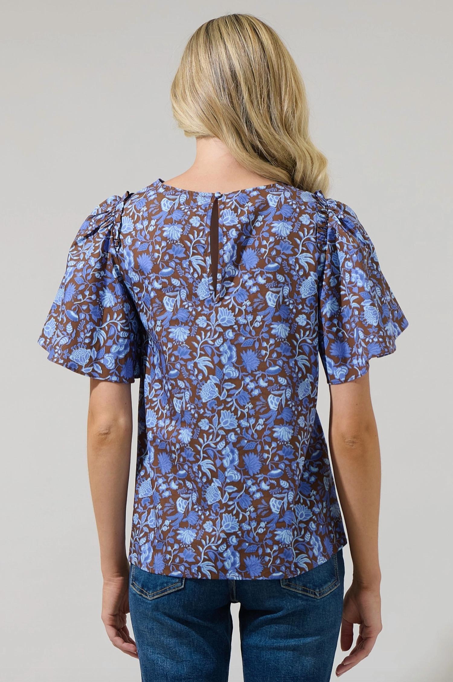 SUGARLIPS Princeton Floral Puff Sleeve Top in brown blue - women's blouse - alternate view