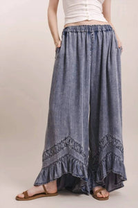 Blue Velvet - Asymmetrical Ruffle Hem Wide Leg Pants