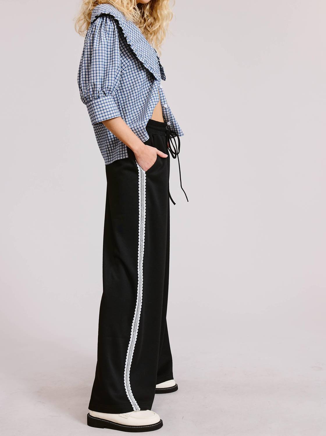 Mimosa Lace Trim Wide Leg Track Pants in black - women's pants - view 6