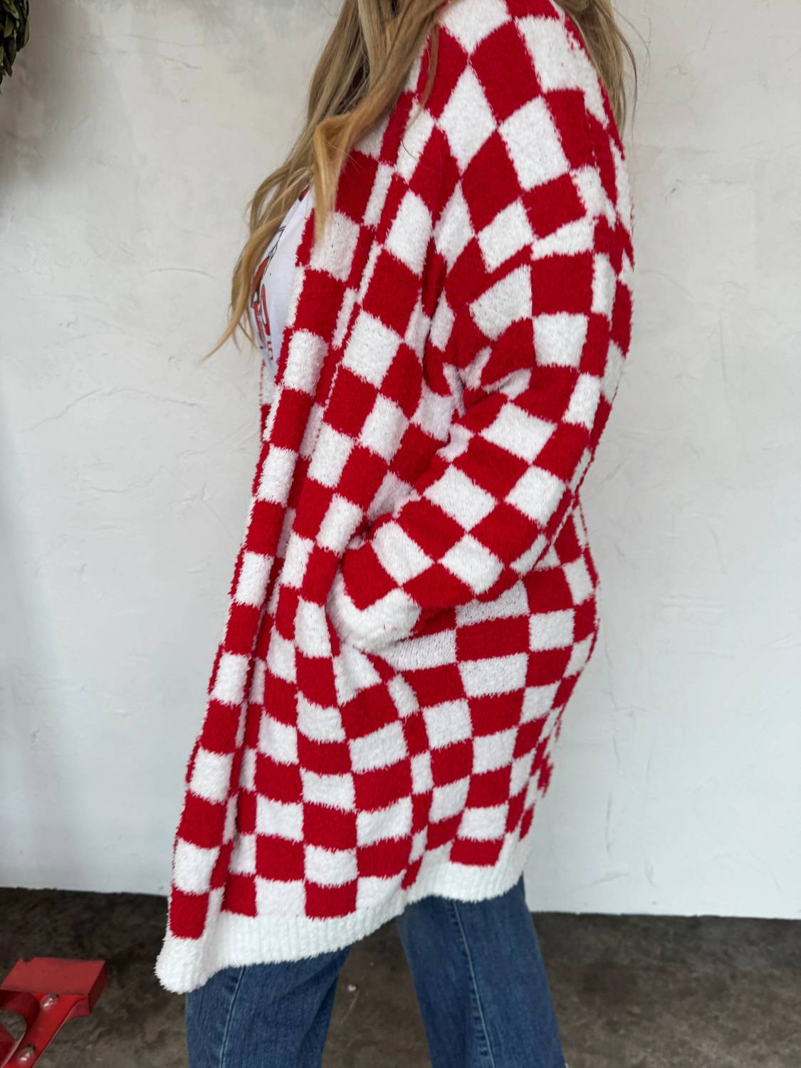BLAKELEY Checkerboard Cloud Cardigan in red - women's cardigan - detail view