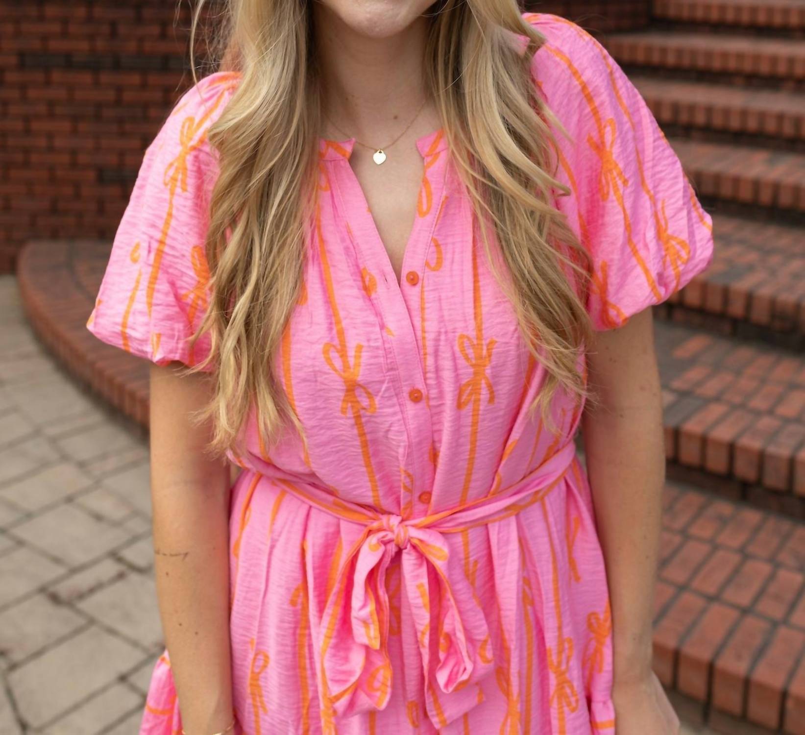 umgee Two-Tone Bow Flutter Dress in bubble gum pink - women's dress - alternate view