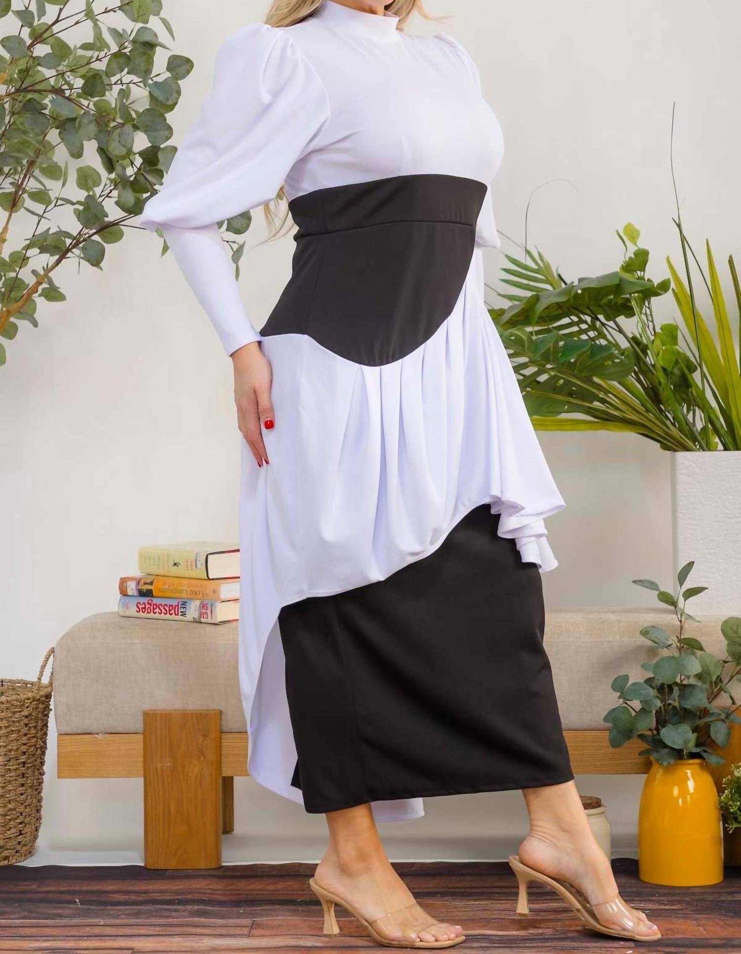 Karen Kane Two Tone Long Sleeve Maxi Dress in white black - women's dress - detail view