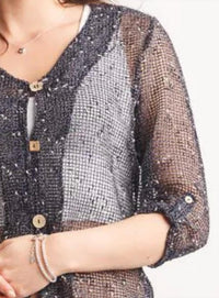 Papillon - Wooden Buttons & Tab Sleeve Mesh Top