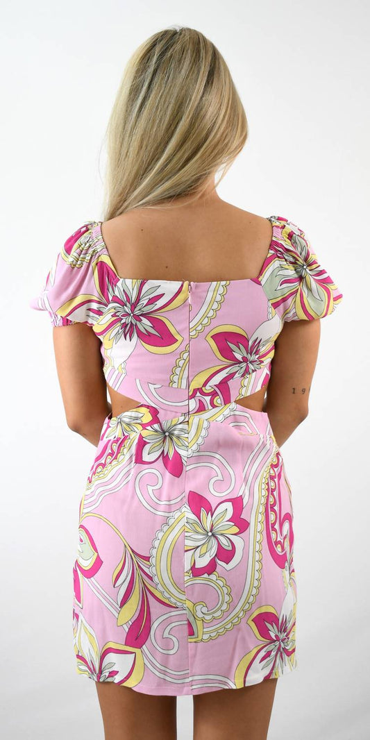 Sky To Moon - Pucci Pattern Inspired Short Sleeve Cut Out Dress