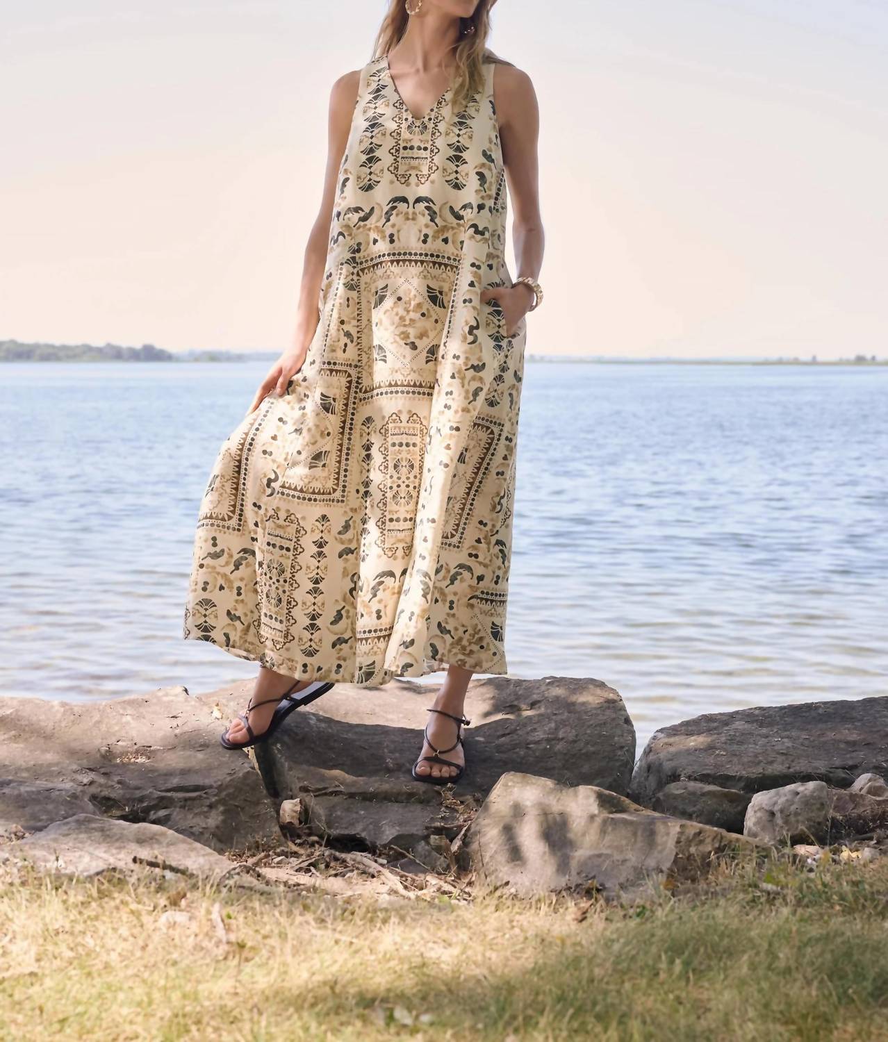 Joseph Ribkoff - Linen Scarf Print Maxi A-line Dress