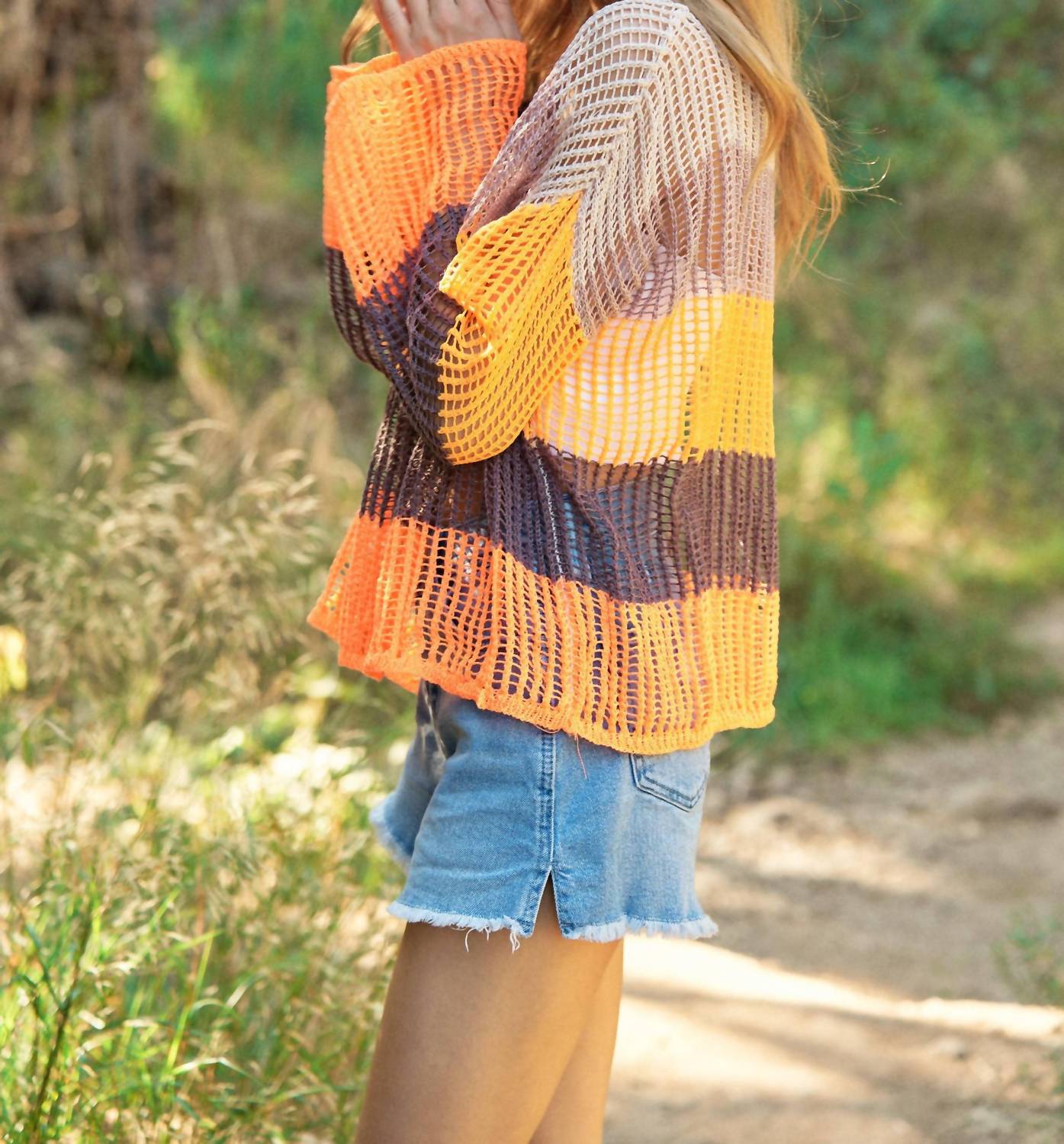 Davi & Dani - Striped Wide Opening Sleeve Pullover Cover Up Top