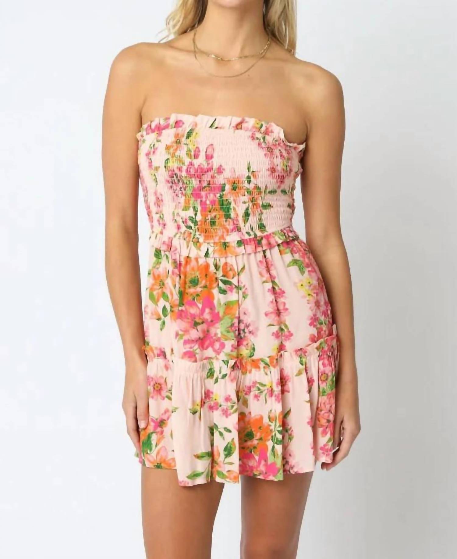 Olivaceous - Strapless Smocked Mini Dress