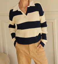 Skies Are Blue - Striped Ribbed Knit Polo Shirt