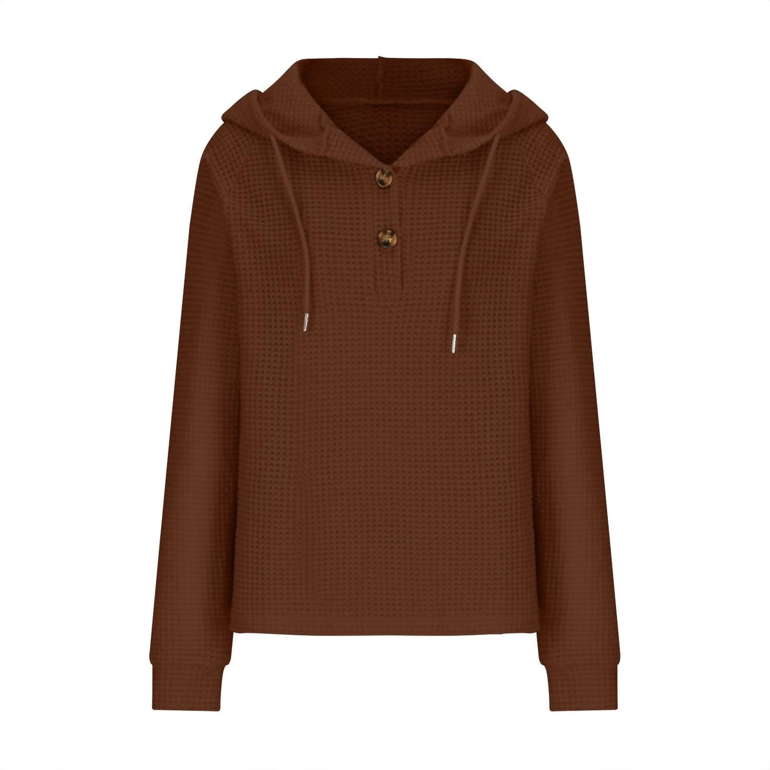 Lily Clothing Waffle Button-up Hoodie Pullover in caramel - women's top - detail view