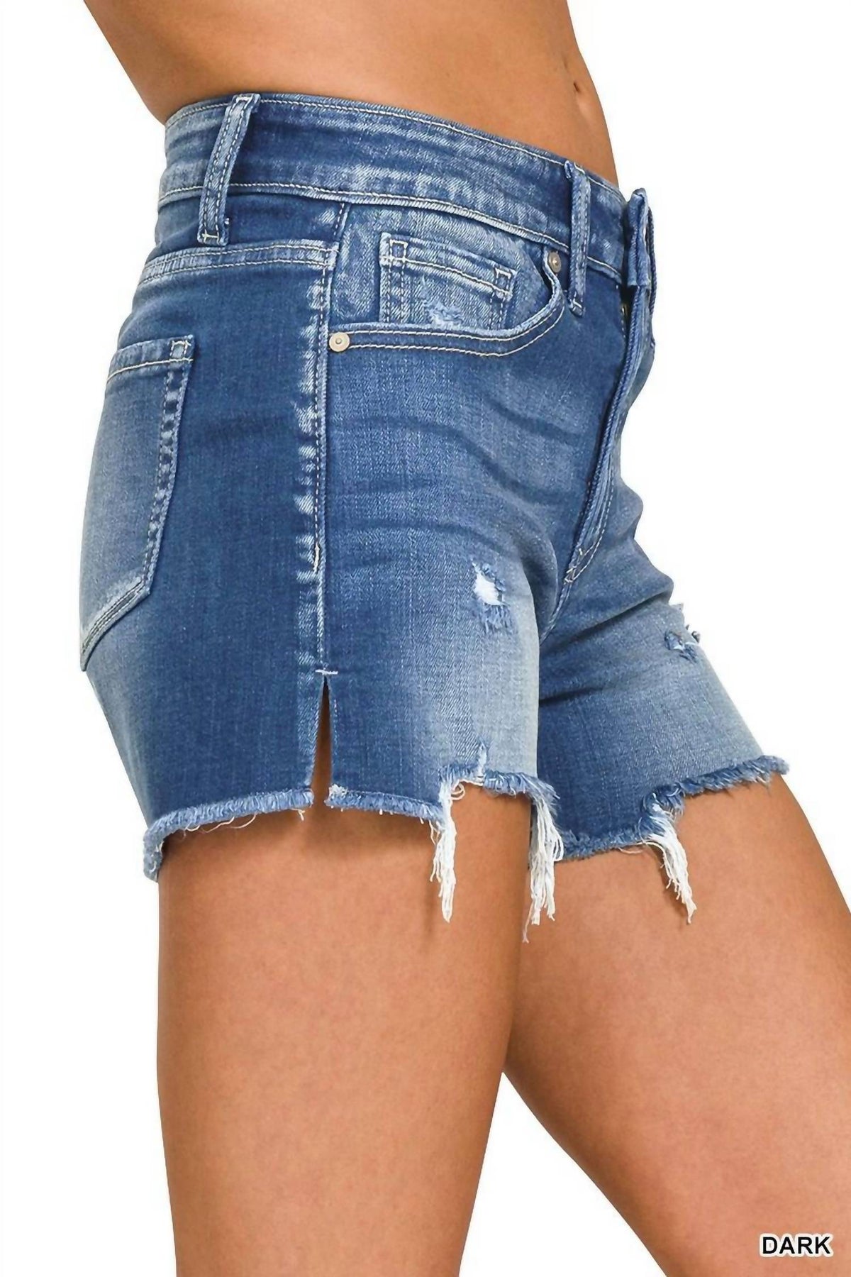 Zenana - Raw Frayed Hem Cutoff Side Slit Denim Shorts