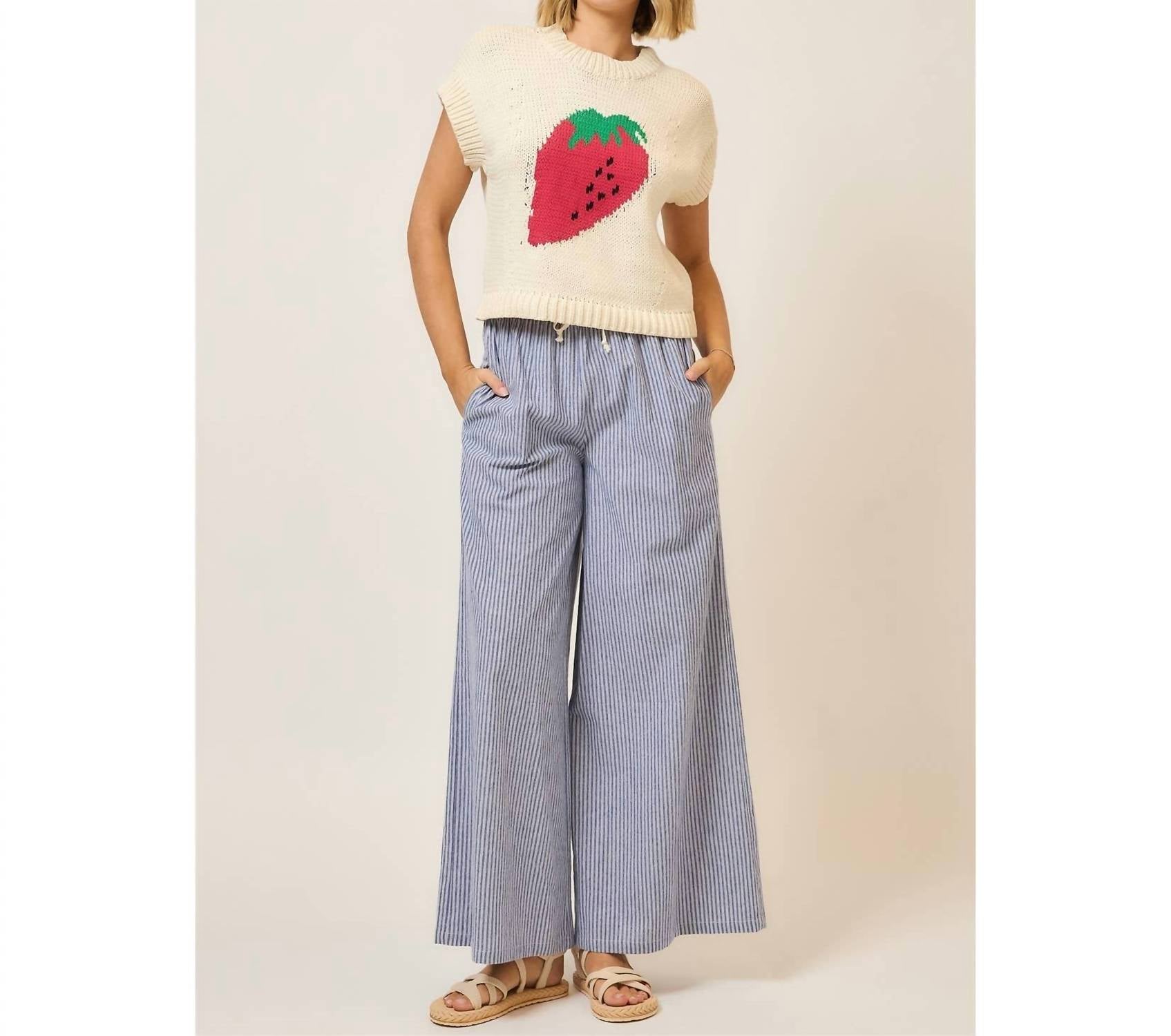 Cozy Casual - Pinstripe Wide Leg Pants With Drawstring