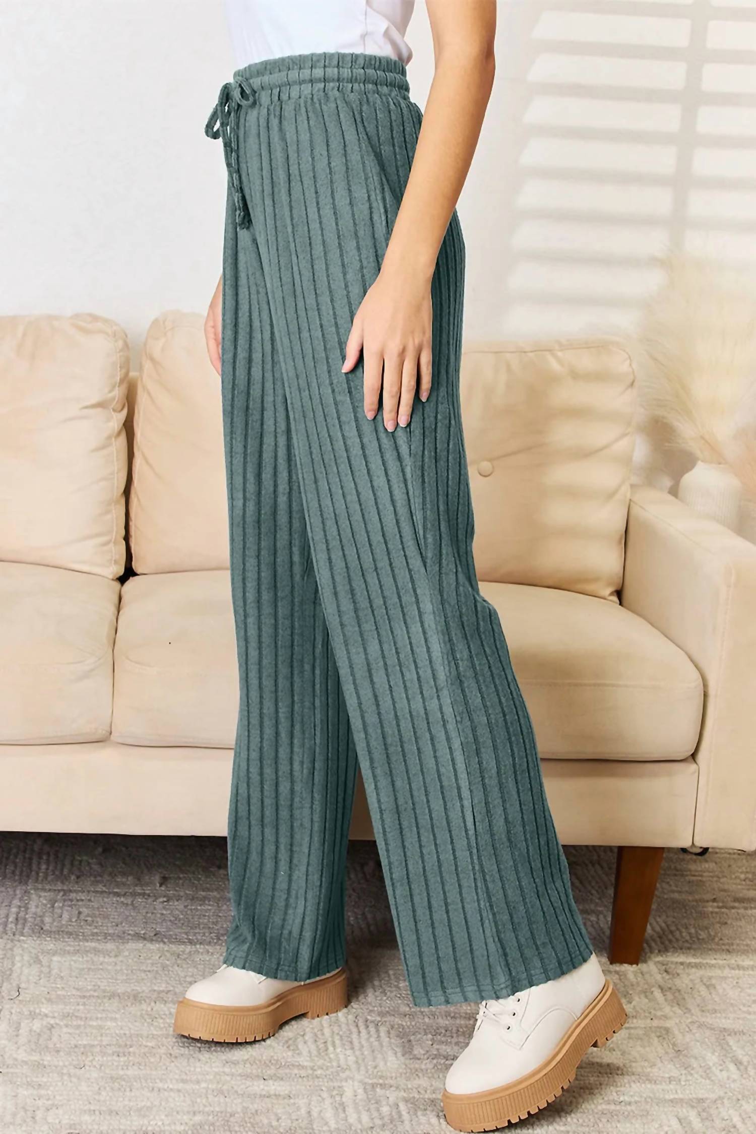 Basic Bae - Full Size Ribbed Drawstring Hooded Top And Straight Pants Set