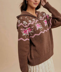 Knit & Lounge - Half-zip Sweater With Floral Fair Isle Pattern