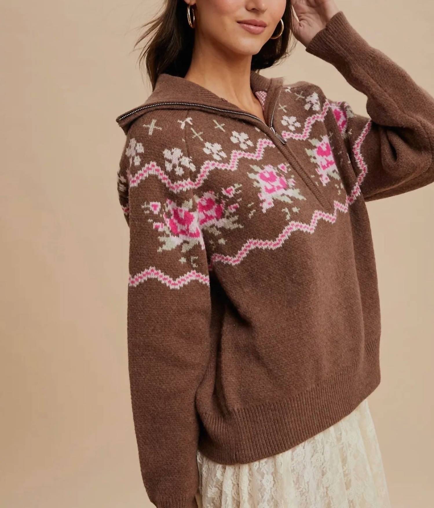 Knit & Lounge - Half-zip Sweater With Floral Fair Isle Pattern