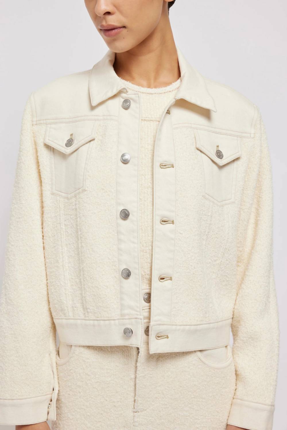 SIMKHAI Baylin Denim-paneled Bouclé-knit Jacket in ivory - women's jacket - view 4
