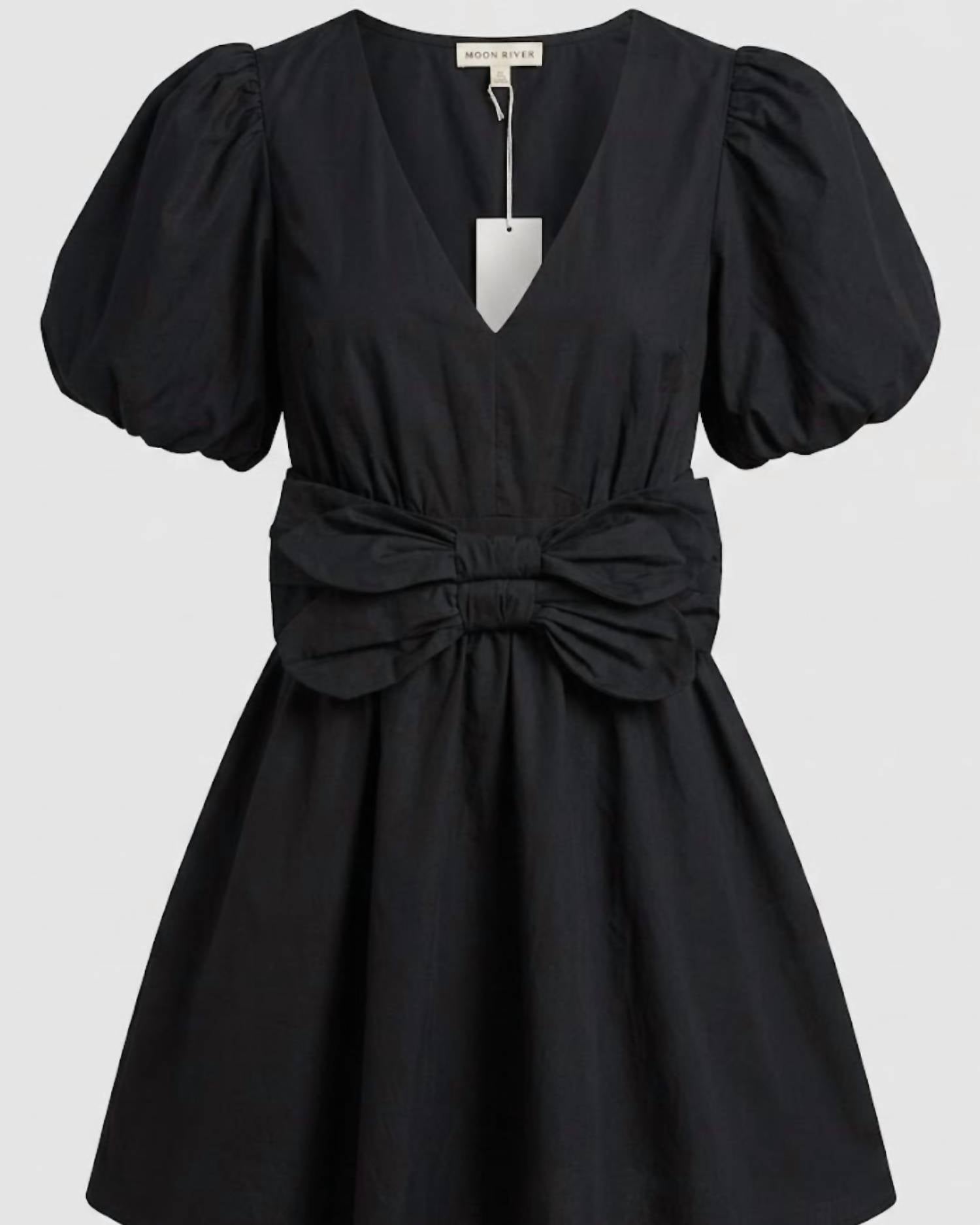 MOON RIVER Bella Bow Mini Dress in black - women's dress - detail view