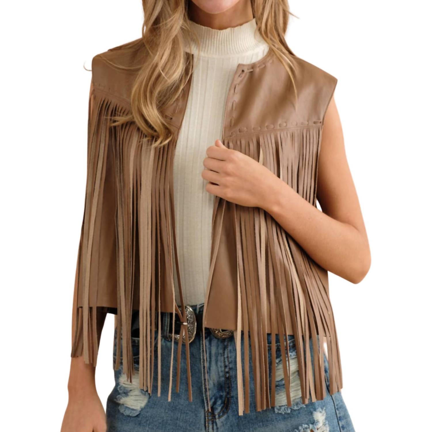 Blue B - Faux Leather Fringe Braided Yoke Crop Waist Vest