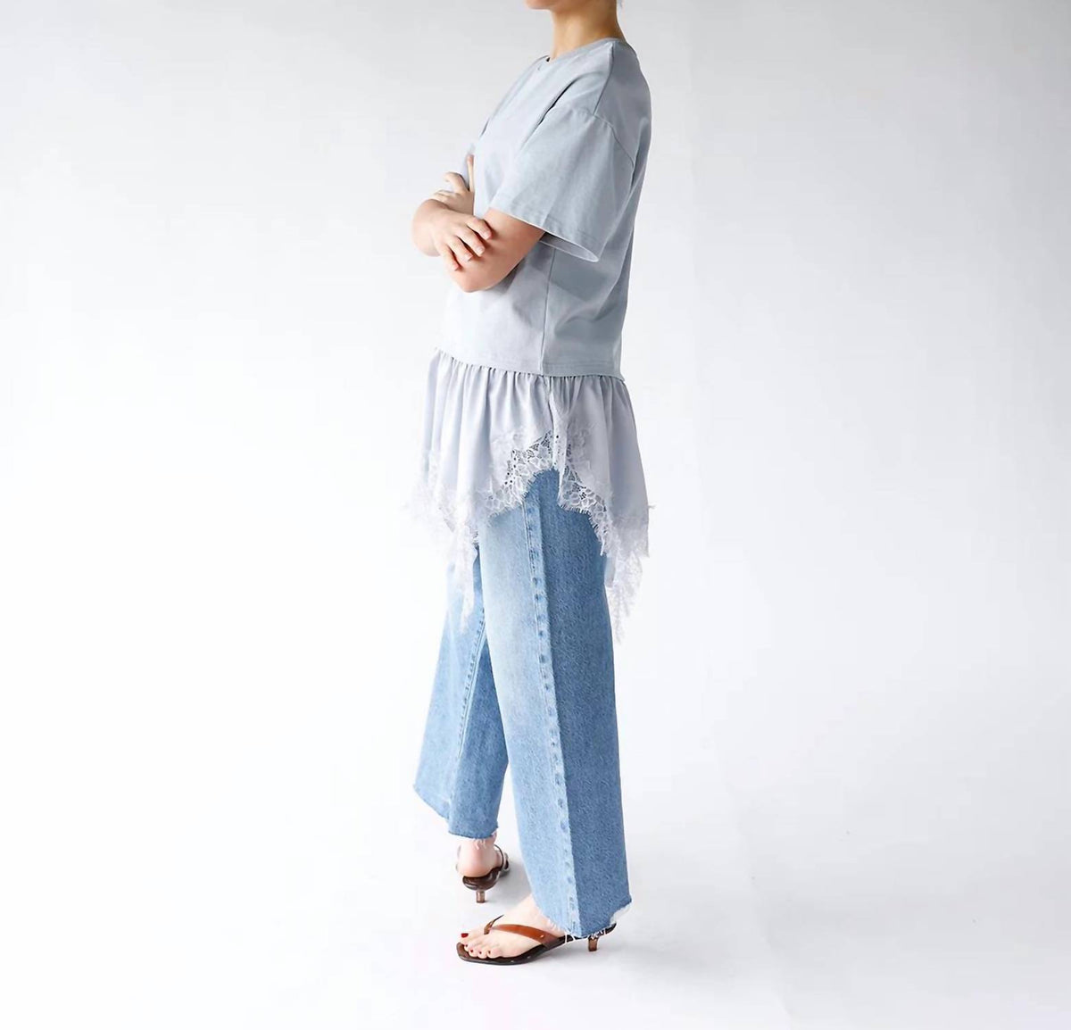 Sundayup - Women's Powder Blue Lace Hem Top