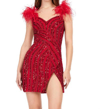ASHLEYlauren Sweetheart Feather Straps Beaded Dress in red - women's dress
