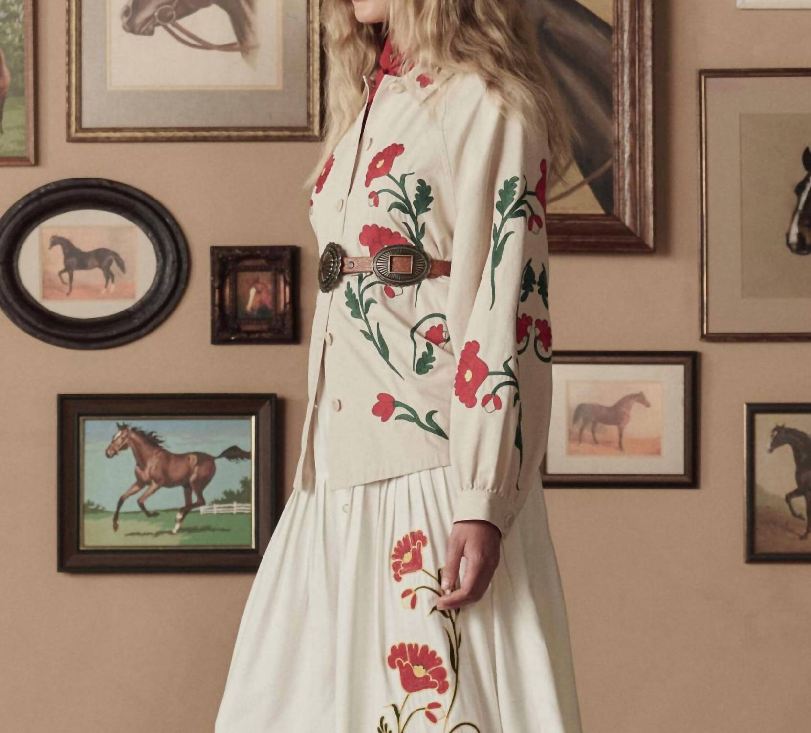 THE GREAT. Western Embroidered Commodore Jacket in cream - women's jacket - detail view