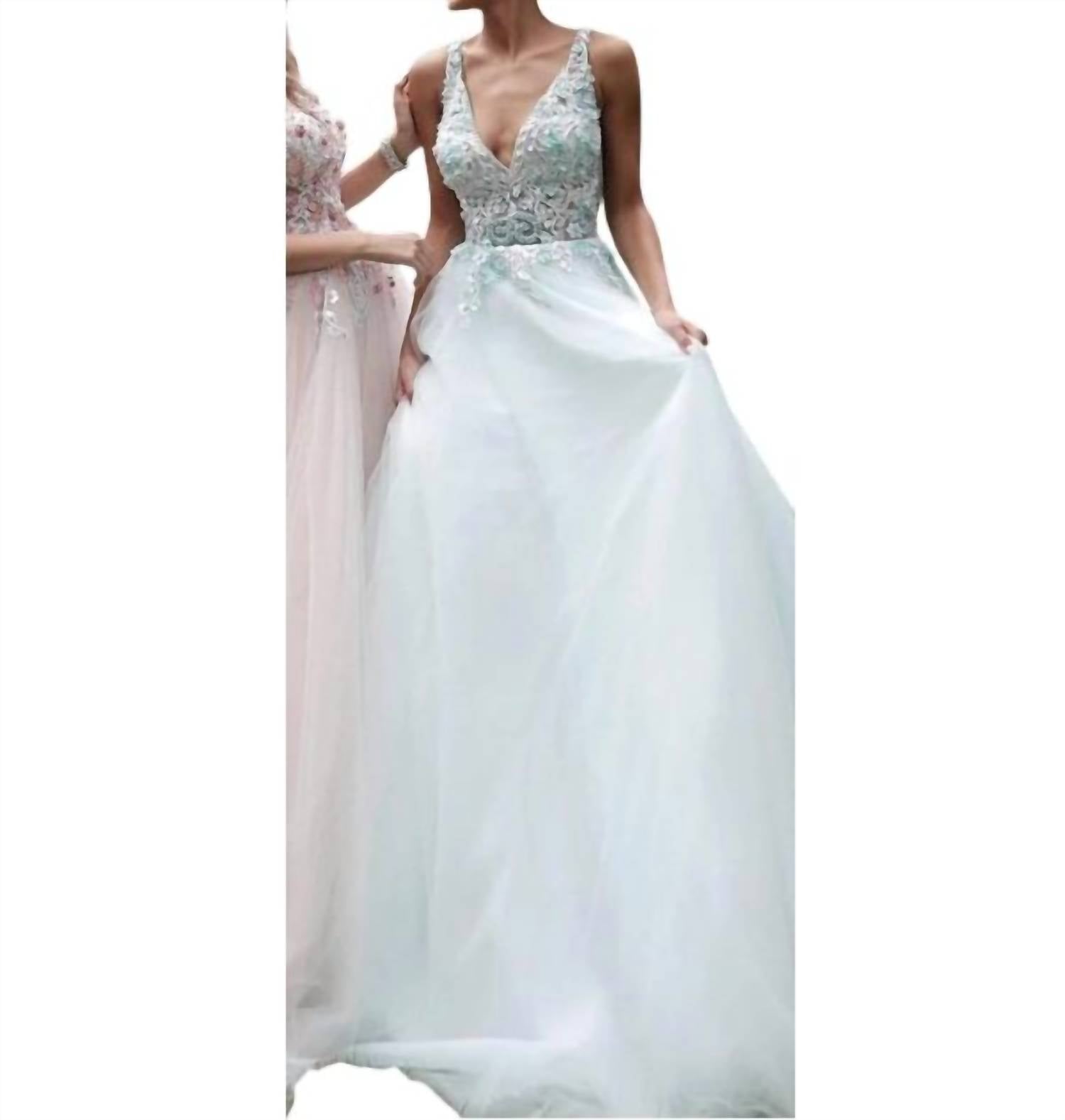 Jovani - Floral Applique Plunging V-neck Tulle Ballgown