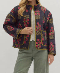 entro Botanical Print Quilted Jacket in black - women's jacket