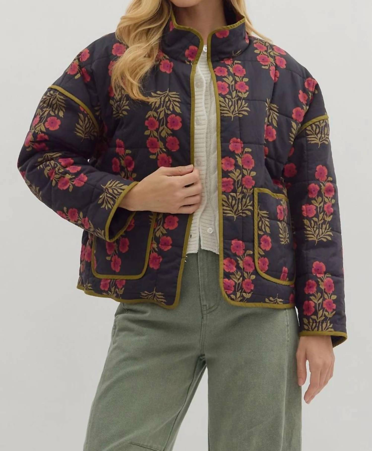entro Botanical Print Quilted Jacket in black - women's jacket